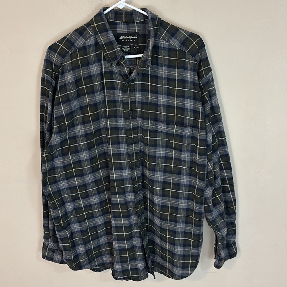 Eddie Bauer Olive and Gray Plaid  Cotton Flannel Shirt Size XL